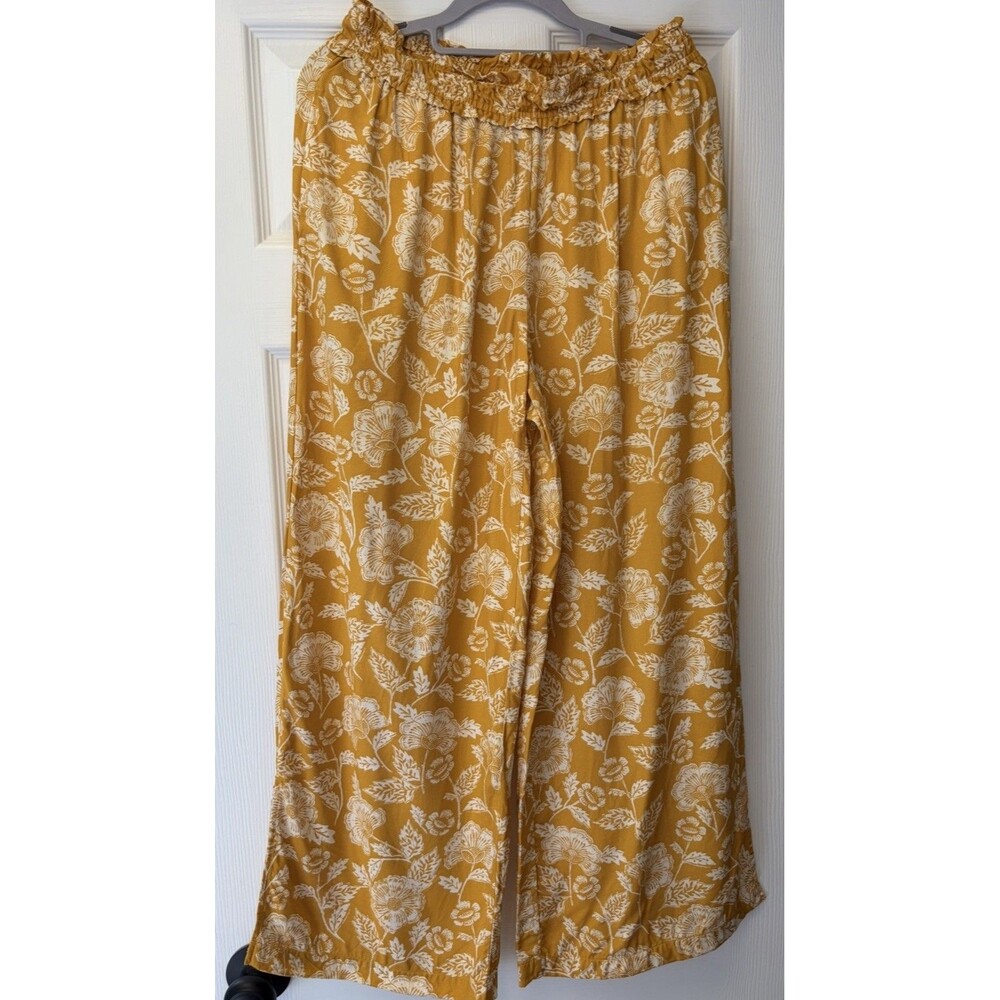 Anthropologie Marigold Yellow Floral Pants High Rise Waist Slit Bottom Leg Boho